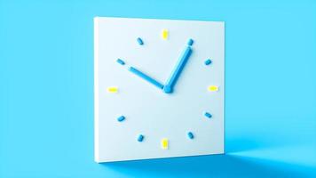 minimale Uhr in quadratischer Form isoliert auf blauem Hintergrund mit hintergrundbeleuchteter Zeit 10 Uhr und 5 Minuten 3D-Darstellung foto