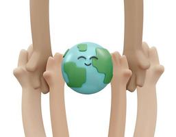 3D-Darstellung der Hand, die ein glückliches Smiley-Erdsymbol-Konzept des Weltumwelttageshintergrundes, Banner, Karte, Poster hält. 3D-Darstellung im Cartoon-Stil. foto
