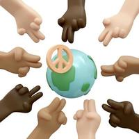3D-Darstellung von Händen in vielen Farben der Haut, die Friedenszeichen mit Globus und Friedenszeichen auf weißem Hintergrund gestikulieren Konzept von „No War Stop Fighting Save the World“. 3D-Darstellung im Cartoon-Stil. foto
