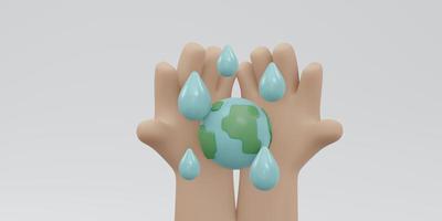 3D-Darstellung der Hand, die das Erdsymbol mit Wassertropfen mit Kopierraum auf weißem Hintergrund hält Konzept des Weltwassertages. 3D-Darstellung im Cartoon-Stil. foto