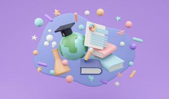 3D-Darstellung der Hand, die Erde hält, und Lernelemente mit Graduierungshut zum Konzept der globalen Online-Bildung auf violettem Hintergrund. 3D-Darstellung im Cartoon-Stil. foto