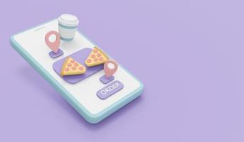 3D-Darstellung des Telefons mit Lebensmittel- und Bestelltaste im Hintergrund für das kommerzielle Konzept der Online-Lieferung von Lebensmitteln. 3D-Darstellung im Cartoon-Stil. foto
