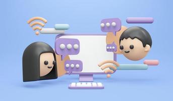 3D-Darstellung eines jungen Mädchens, das auf dem Computer-Konzept des Computertechnologie-Call-Center-Services chattet. 3D-Darstellung im Cartoon-Stil. foto