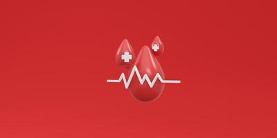 3D-Darstellung von Blutstropfen mit Rettungsleine und rotem Kreuzzeichen auf rotem Hintergrund Konzept der Blut- und Organspende. 3D-Darstellung im Cartoon-Stil. foto