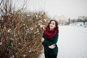 brünettes Mädchen in grünem Pullover und rotem Schal im Freien gegen Büsche am abendlichen Wintertag. foto