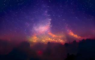 Nachtlandschaft mit bunter Milchstraße und Bergen. Sternenhimmel mit Hügeln im Sommer. schönes Universum. Raumhintergrund foto