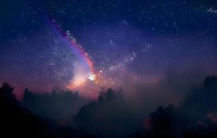 Nachtlandschaft mit bunter Milchstraße und Bergen. Sternenhimmel mit Hügeln im Sommer. schönes Universum. Raumhintergrund foto