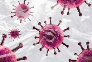 3D-Darstellung eines farbenfrohen, isolierten Corona-Virus, das von Plastikfolie auf weißem Hintergrund bedeckt ist foto
