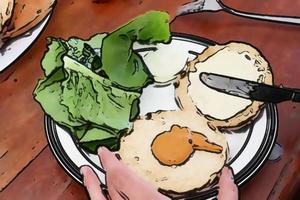 Comic-Gemälde eines gesunden Burgers auf einem weißen Teller foto