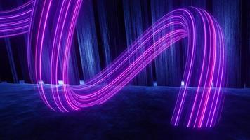 3D-Darstellung von Flash-Neon und Licht, die auf einer dunklen Szene leuchten. Geschwindigkeitslichttunnel durch die Stadt oder urban. Technologie Internet des zukünftigen Netzwerks. Science-Fiction über interstellare Reisen im Hyperraum. foto