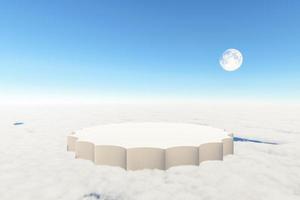 plattform und natürlicher podiumshintergrund für die produktpräsentation mit atmosphärischen hohen wolken-, mond- und himmelhintergrund. Landschaft Szene Hintergrund 3D-Rendering. foto