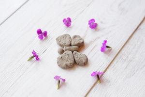 Draufsicht auf Tonschmetterling und rosa Blumen auf weißem Holzhintergrund foto