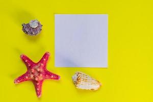 Rote Seesterne und Muscheln auf hellgelbem Hintergrund mit Kopierraum. sommerferien- und urlaubskonzept foto