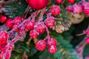 weihnachts- und neujahrsferien hintergrund. weihnachtsbaum geschmückt mit roten bereiften beeren und kugeln. feierkonzept foto