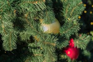 weihnachts- und neujahrsferien hintergrund. weihnachtsbaum mit goldkugel geschmückt. feierkonzept foto