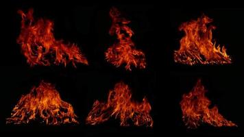 eine Sammlung von 6 Flammenbildern. Flammenflammenbeschaffenheit für skurrile Feuerhintergründe. Flammenfleisch, das vom Herd oder vom Kochen verbrannt wurde, fühlt sich abstrakt auf schwarzem Hintergrund an. foto