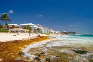 Sandstrand an einem sonnigen Tag mit Hotels in Playa del Carmen, Mexiko foto