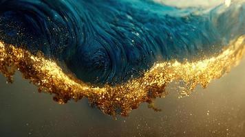 blaue welle mit goldenen funkeln in einem goldenen ring. schöner Meereshintergrund. Wasser und Gold. hallo tech. ai. foto