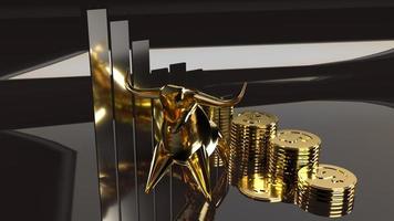 Goldener Stier und Goldmünzen 3D-Rendering für geschäftliche Inhalte. foto