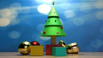 weihnachtsbaum auf holztisch 3d-rendering-bild für weihnachtsfeierinhalte. foto