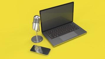 vintage mic notebook und smartphone auf gelbem hintergrund 3d-rendering für podcast-inhalte. foto