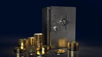 Tresor und Goldmünzen im dunklen Hintergrund für Sicherheitsinhalte 3D-Rendering foto