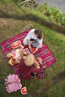 Draufsicht des Paares, das Picknickzeit genießt foto