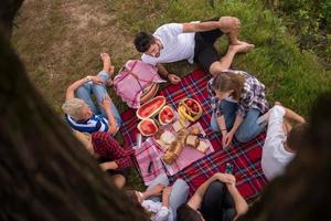 Draufsicht von Gruppenfreunden, die Picknickzeit genießen foto