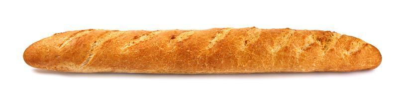 Das Baguette ist auf einem weißen Hintergrund isoliert. Französisches Baguette. eine Seitenansicht. foto