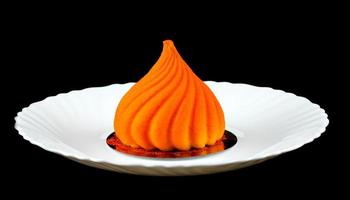 schöner orangefarbener Kuchen auf einem weißen Teller auf schwarzem Hintergrund. foto