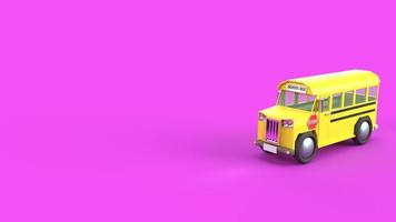 Gelber Schulbus auf lila Hintergrund 3D-Rendering für Schulinhalte foto