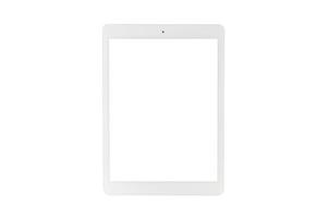 weißer Tablet-Computer mit leerem weißem Bildschirm auf weißem Hintergrund foto