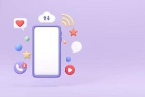 Smartphone mit Social-Media-Technologie. 3D offenes Smartphone mit Wolke von Anwendungssymbolen, isolierter violetter Hintergrund, 3D-Rendering foto
