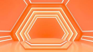Das Produktdisplay steht auf orangefarbenem Pastellhintergrund mit sechseckigem Hintergrund foto