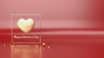 Goldherz und Goldrahmen auf glänzendem rotem Hintergrund 3D-Rendering für Valentinstagsinhalte. foto