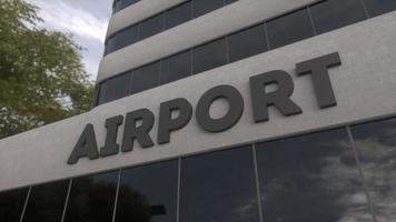 Flughafenschild auf einem modernen Wolkenkratzer. Terminalgebäude des Flughafens. 3D-Darstellung foto