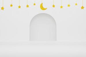 3D-Podium auf weißem islamischem Hintergrund mit Sternen und Halbmond-Goldfarbe 3D-Illustrationswiedergabe für Flyerdesign, Banner, Einladung usw foto
