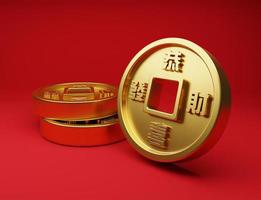 3d-illustration realistische alte goldbarren chinesische münze mit quadratischem loch in der mitte für den asiatischen festivalgebrauch auf rotem hintergrund. foto