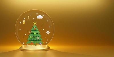 schneekugel und weihnachtsbaum mit schneeflocken und ornamenten in goldkomposition für moderne bühnendarstellung und minimalistisches mockup, konzeptweihnachten und ein festliches neues jahr, 3d-illustration oder 3d-rendering foto