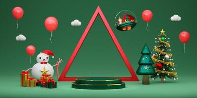 podium und schneemann mit weihnachtsbaum und geometrischen formen in grüner komposition für website oder poster oder glückskarten, weihnachtsbanner und festliches neues jahr, realistische 3d-illustration oder 3d-rendering foto