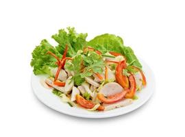 würziger schweinefleischsalat der thailändischen küche auf holzhintergrund oder yum moo yor, schneidepfad foto