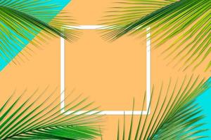 grünes palmblattmuster für naturkonzept, tropisches blatt auf orange und blaugrünem papierhintergrund foto