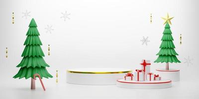 podium leer und weihnachtsbaum mit geschenkbox und ornamenten in weißer komposition für moderne bühnendarstellung und minimalistisches mockup, konzeptweihnachten und ein festliches neues jahr, 3d-illustration oder 3d-rendering foto