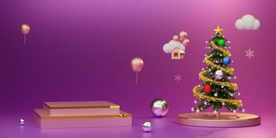 podium leer mit weihnachtsbaum und ornamenten in lila oder violetter komposition für moderne bühnendarstellung und minimalistisches mockup, konzeptweihnachten und ein festliches neues jahr, 3d-illustration oder 3d-rendering foto