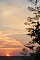 schönes Sonnenuntergangslicht und Wolken und eine Spur des Flugzeugs. Abendsonnenunterganglandschaft im Sommer. foto