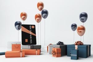 rosa kreditkarte umgeben von vielen geschenkboxen und luftballons. 3D-Rendering foto