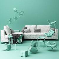 Sofa umgeben von vielen kleinen Stühlen. 3D-Rendering, Kunstwerk foto