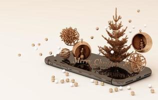 Smartphone mit Weihnachtsschmuck. weihnachtsmodellvorlage im goldkonzept. 3D-Rendering foto