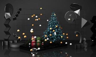 weihnachtsgrußkartenvorlage mit weihnachtsbaum und süßigkeiten giftbox umgeben von geometrischer form gold und schwarzer textur 3d-rendering foto