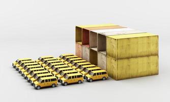 Weltweites Frachtcontainer-Transportkonzept in gelber Tonfarbe mit LKW- und Van-Flugzeug auf Globus 3D-Rendering foto